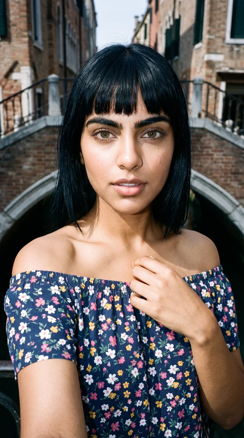 A 26-year-old Indian woman models a floral print Bardot top in a front-view, over-the-shoulder selfie with an intense expression. A bridge-framed urban backdrop is visible behind her.