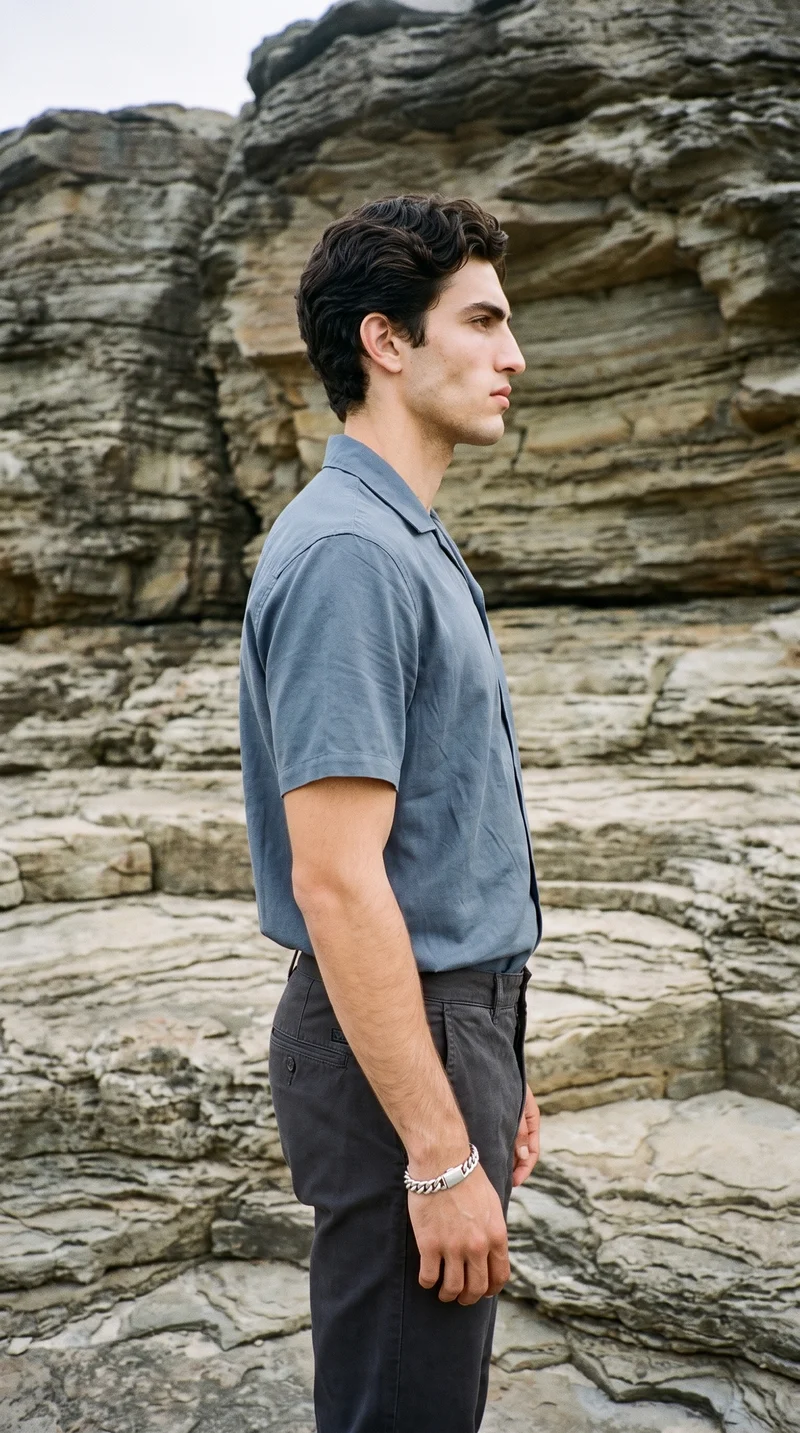 A 21-year-old Caucasian man wears a men's Cuban link bracelet in a three-quarter-length side-view pose with his weight back and a confident expression. A Badlands backdrop is visible behind him.