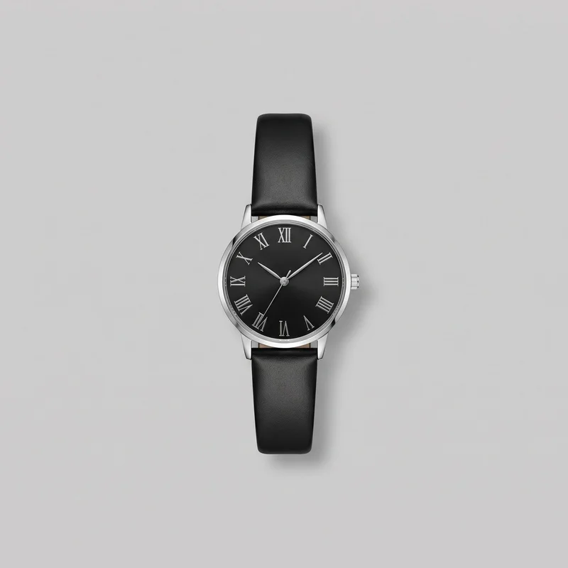 Standalone front view of a women's analog wristwatch with a slim round polished case, smooth bezel, black dial, and black tapered leather strap with a pebbled exterior texture. Raised silver-tone Roman numeral hour markers, three slim hands including a seconds hand, a narrow outer minute track, straight lugs, and a ridged crown on the right side are visible.