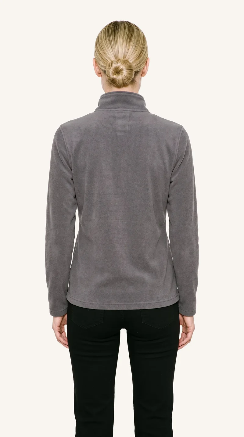 Women's Charcoal Fleece Quarter-Zip, Three-quarter length at Rear, Studio Cutout lighting