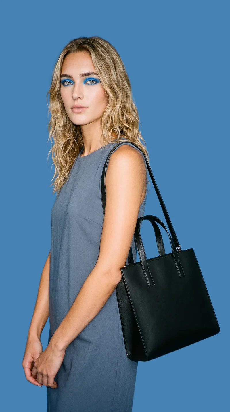 A 19-year-old Caucasian woman is shown at three-quarter length from a front three-quarter angle, holding a black leather tote with her hands in front. She has a natural facial expression, and the image uses a flat steel blue backdrop.