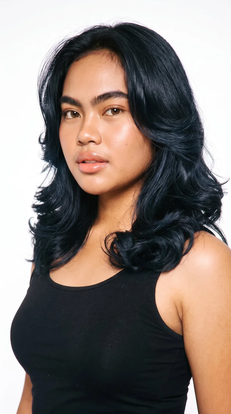 She is 18 years old and has a Southeast Asian appearance with golden-brown skin and a neutral undertone. Her face is round, with soft, full contours, gentle curves, and few angles. She has thick eyebrows, brown eyes, and very full lips. Her black hair is styled in a voluminous 1990s blowout, with layers blown outward and fullness at the crown and sides.