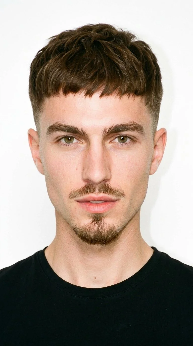 A 31-year-old Caucasian man with a medium, evenly warm skin tone and a softly balanced face with refined features. He has thick eyebrows, hazel eyes with green-gold flecks, and full lips. His medium-brown hair is styled in a French crop with short sides and a short, blunt fringe. A compact goatee is centered on his chin, while his cheeks are clear.