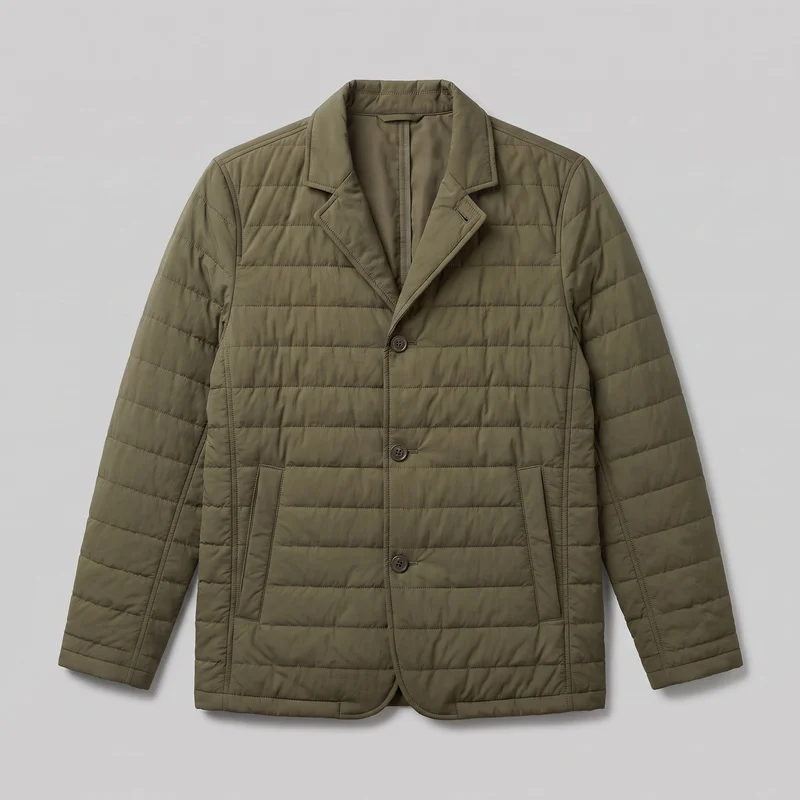 A mostly complete front view of an olive quilted blazer-style jacket laid flat against a backdrop. It has structured shoulders, a notched lapel collar, long sleeves, a three-button front, horizontal quilted channels, lower vertical welt-style pockets, stitched edging, and a straight hem with rounded front corners.