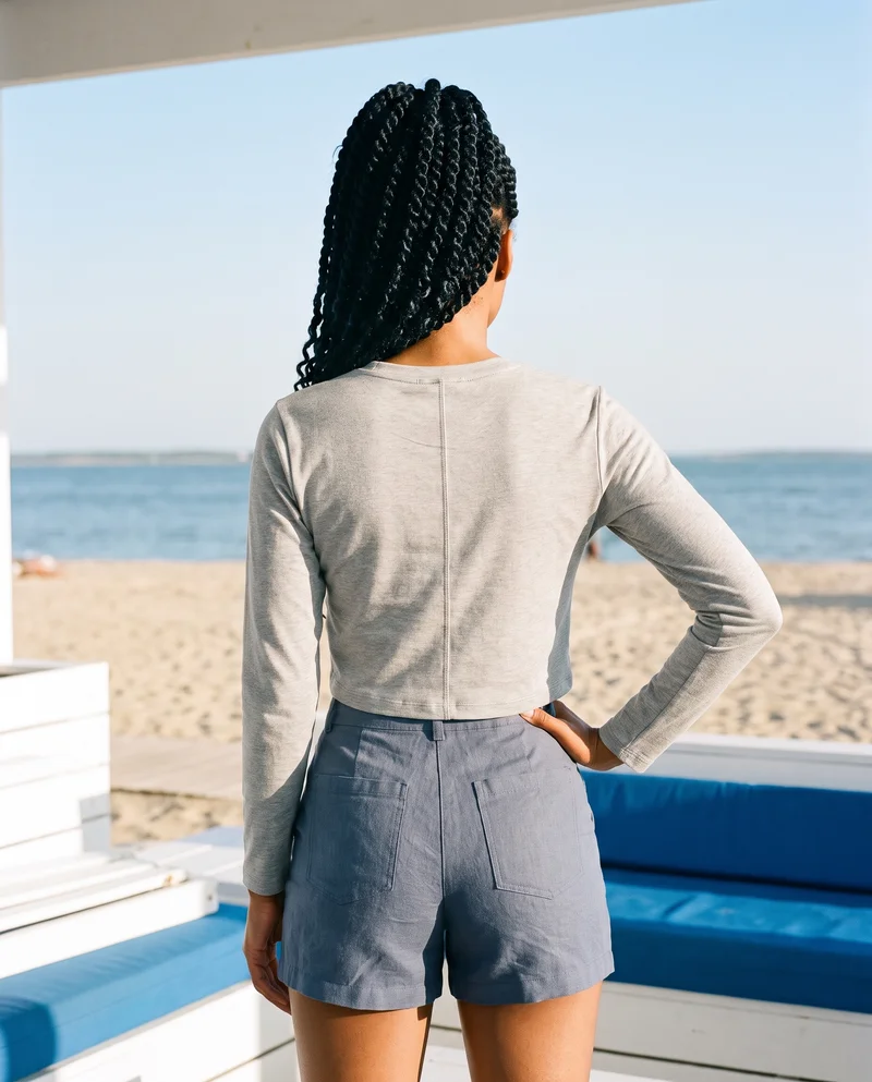 Grey Cotton Crop Top, Three-quarter length at Back, Natural E-Commerce lighting