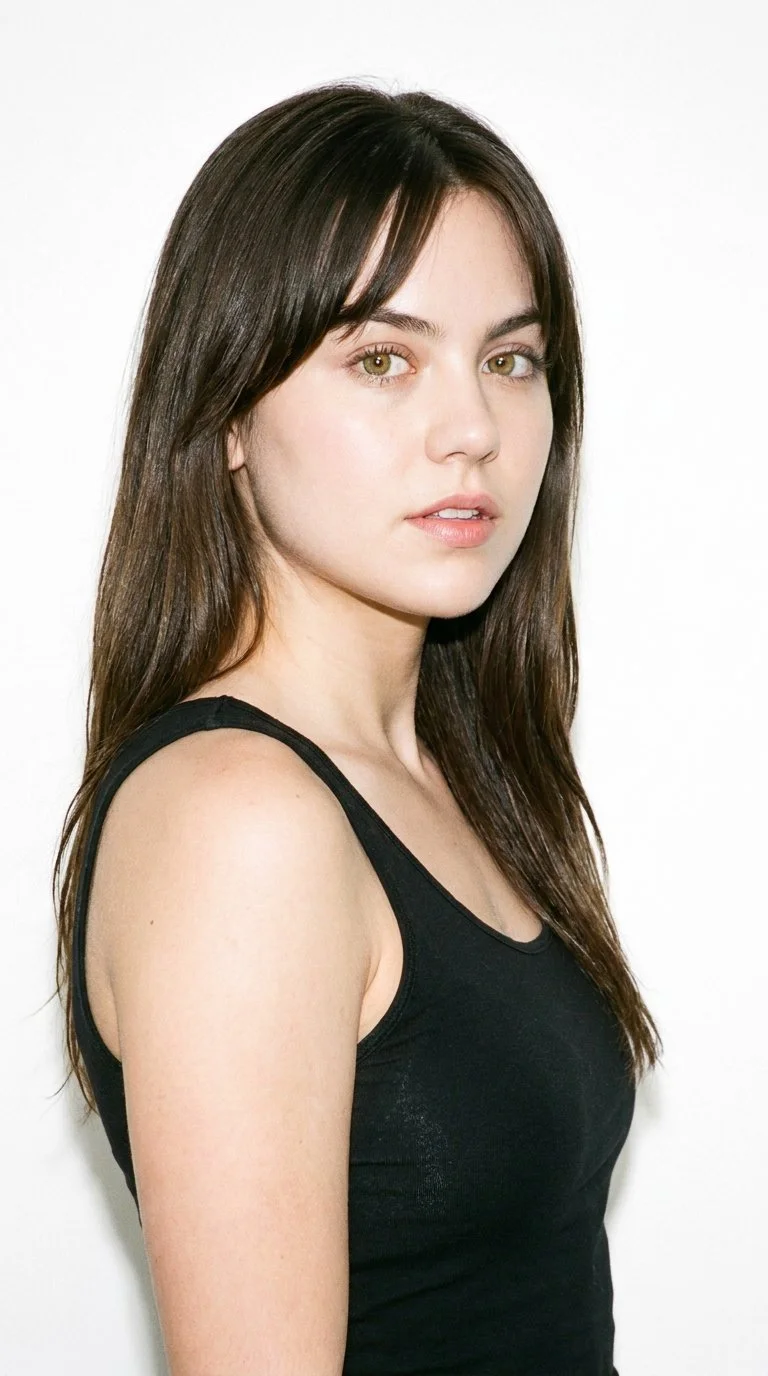 A 22-year-old Caucasian woman with medium skin and a neutral undertone. Her round face has soft, full contours with gentle curves and few angles, framed by thick eyebrows and medium lips. She has hazel eyes with green-gold flecks and dark-brown hair styled with longer curtain bangs parted at the center and falling along both sides of her face.