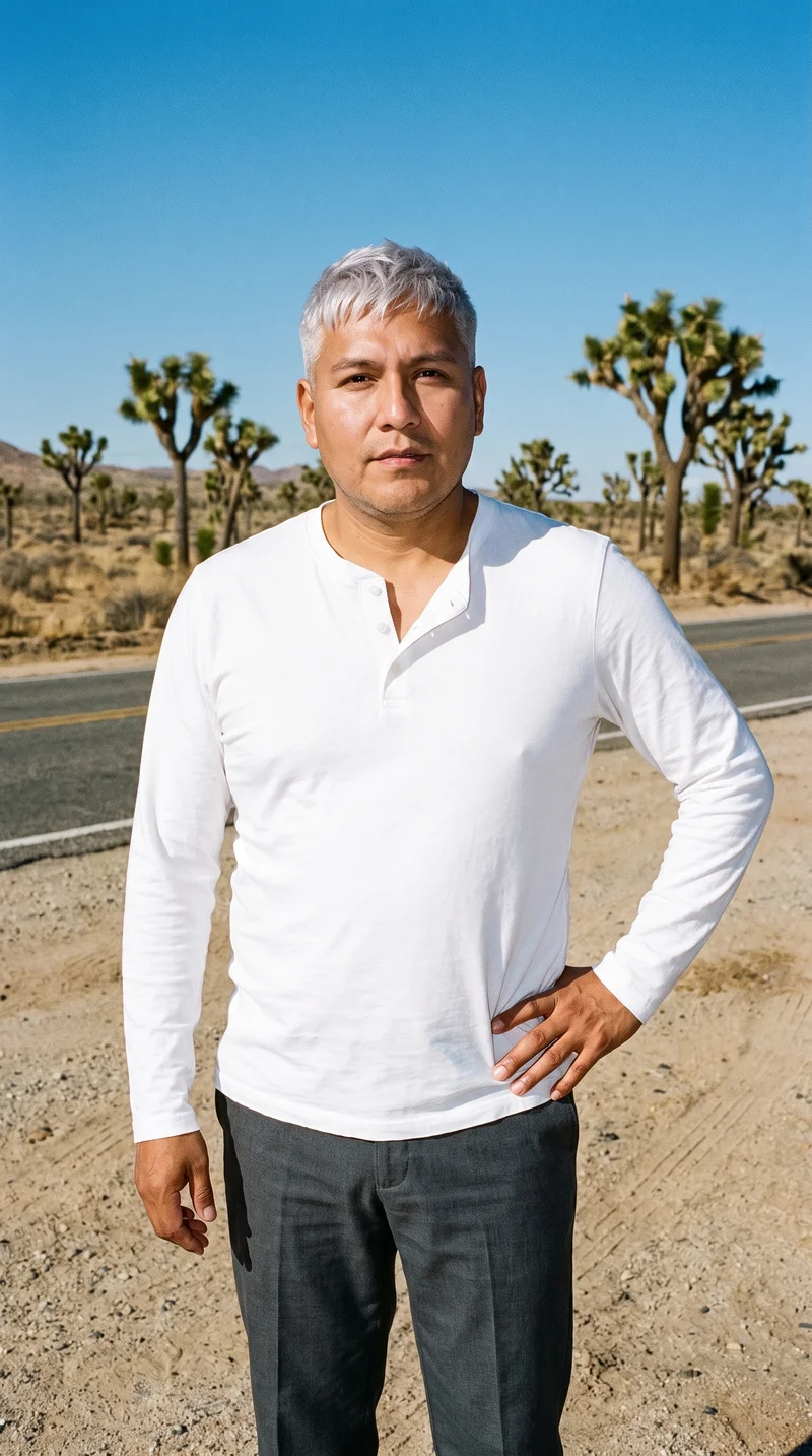 Men's White Henley Top, Three-quarter length at Front, Flash Editorial lighting