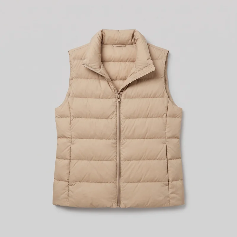 A beige women's sleeveless quilted puffer vest is shown laid flat in a mostly complete front view. It has horizontal padded baffles, a full-length central zipper, an opened and folded high stand collar, wide bound armholes, vertical side-panel seams, and a straight lower hem. No logos, prints, patches, embroidery, or embellishments are visible.
