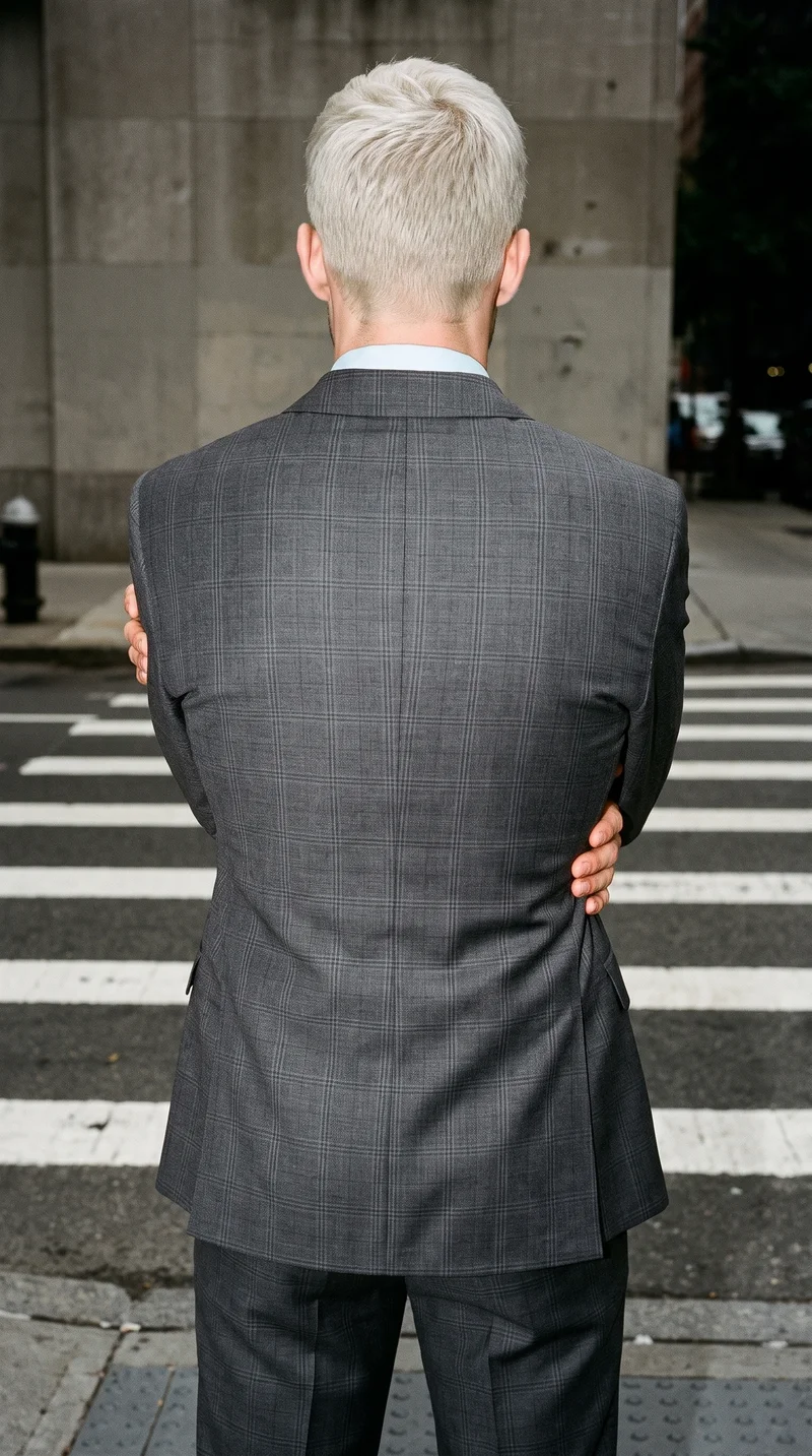 A 29-year-old Caucasian man wears a charcoal grey suit in an upper-body back view, holding himself in a self-hug pose. A crosswalk intersection forms the backdrop.