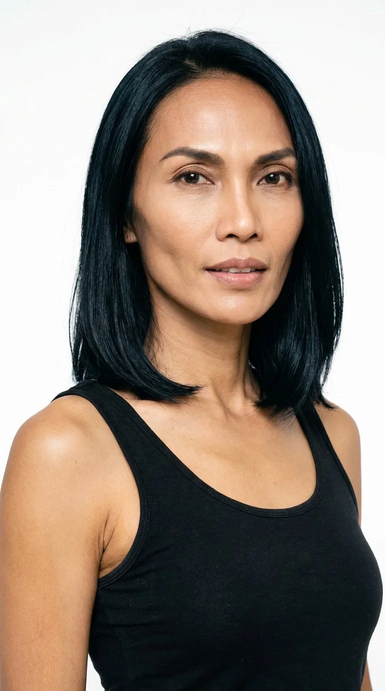 A 46-year-old Southeast Asian woman with brown skin and a warm yellow undertone. Her angular face has sharp, defined cheekbones and jawline, with medium-thickness eyebrows, very dark near-black eyes, and medium lips. She wears deep black hair in a long bob that falls between her chin and shoulders.
