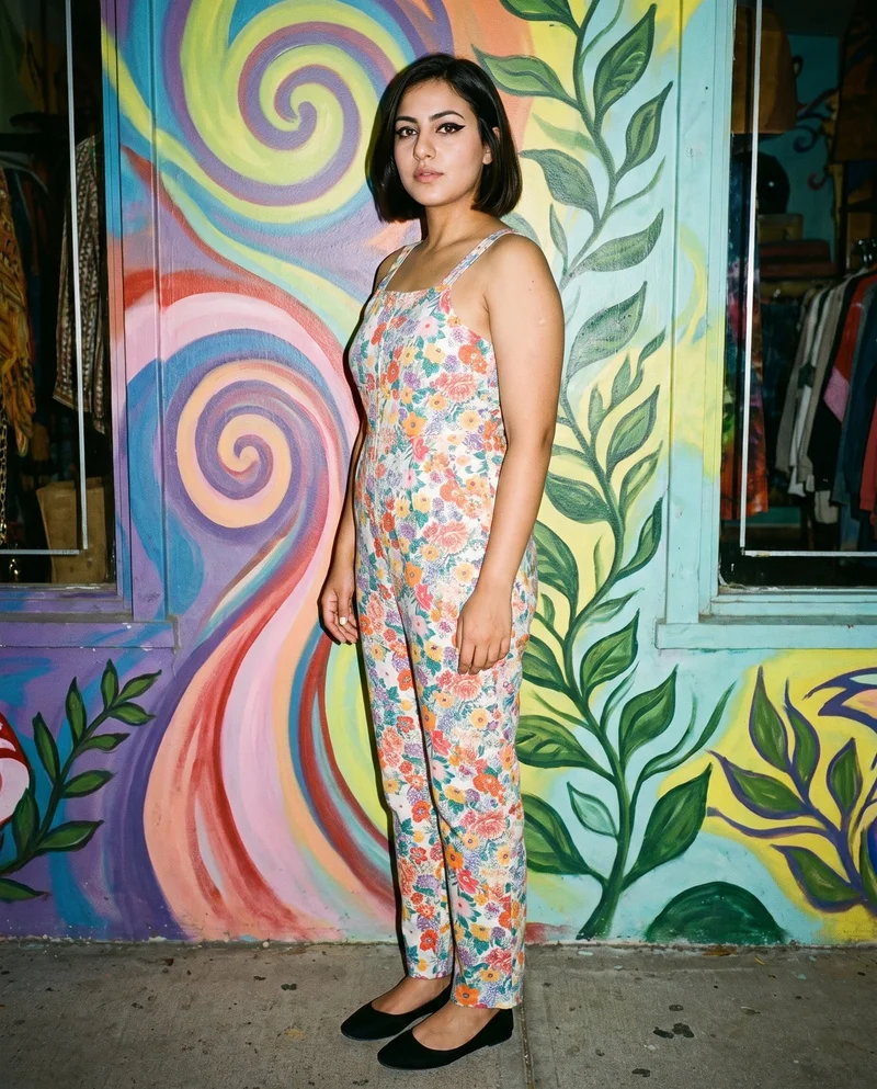 A 25-year-old Arab woman is shown full body in a floral print jumpsuit, standing straight in an angled front view with a confident expression. A Bohemian District Vintage Psychedelic backdrop frames the composition.