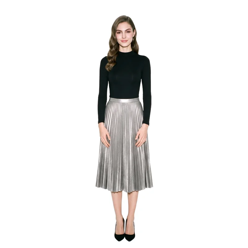 A 20-year-old Caucasian woman is shown full body from the front, smiling with her hands held in front while wearing a metallic pleated skirt. The figure is set against a pure white backdrop.