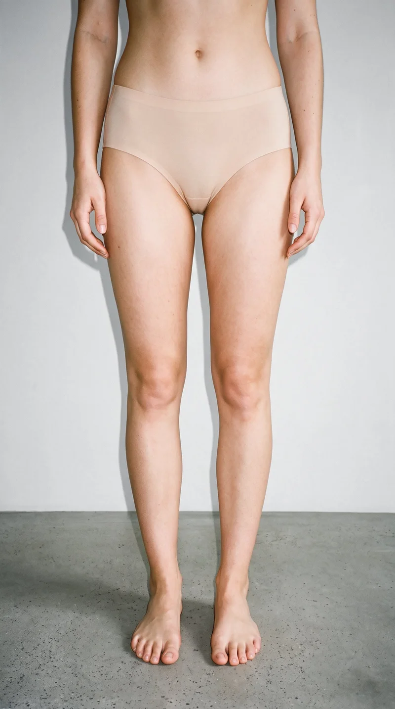 Nude seamless knickers worn in a front view, with the lower body framed and feet planted. A pearl grey studio-wall backdrop is visible.