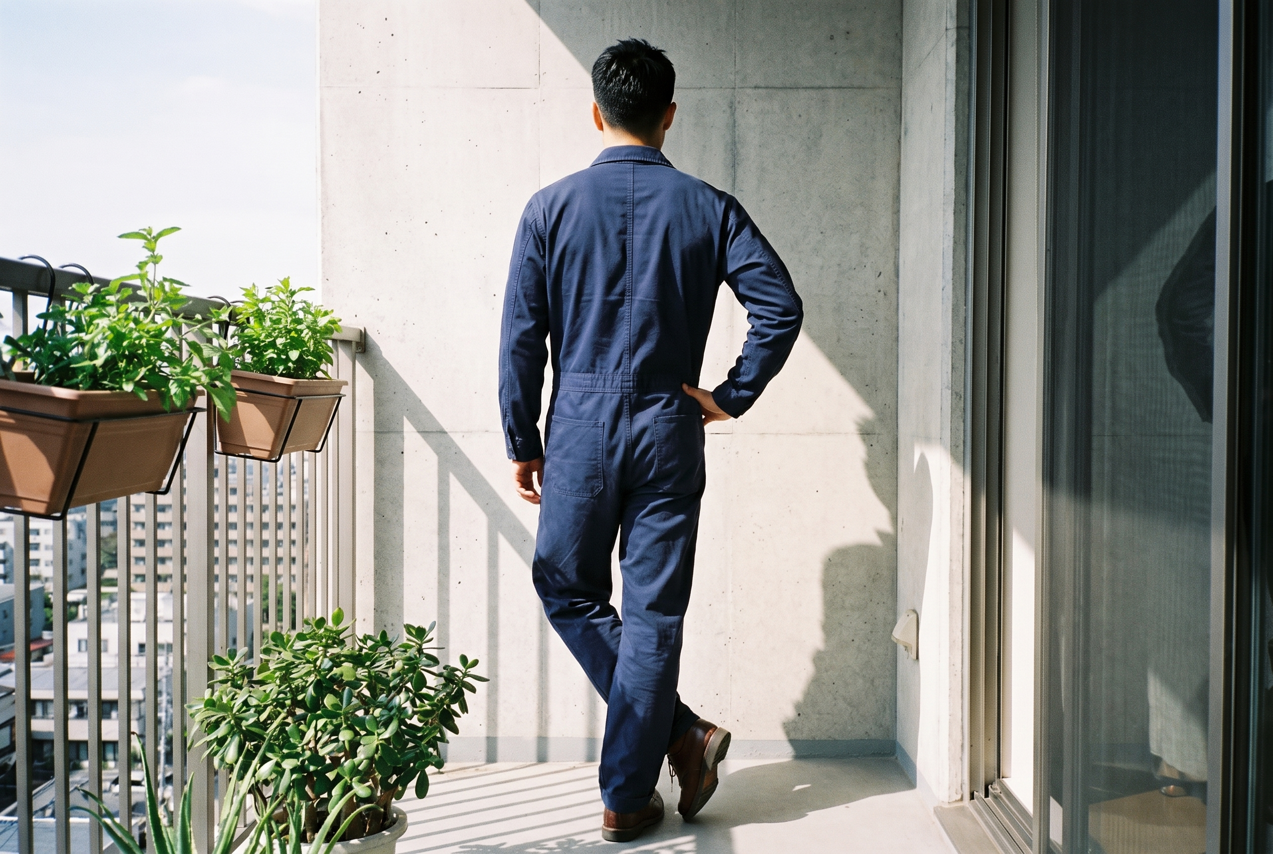 A 34-year-old Japanese man is shown full body from the back, wearing a navy cotton boilersuit and shifting his weight backward. A backdrop of balcony plants is visible behind him.