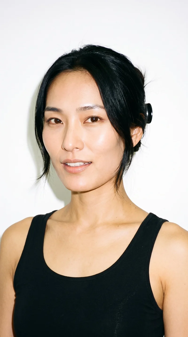This 31-year-old Japanese woman has a light-tan complexion with warm yellow undertones and East Asian facial features. Her square face has a strong, defined jaw and a broad forehead, creating an angular, structured appearance. She has thin eyebrows, very dark near-black eyes, and thin lips. Her deep black hair is twisted up and secured with a claw clip, with relaxed ends.
