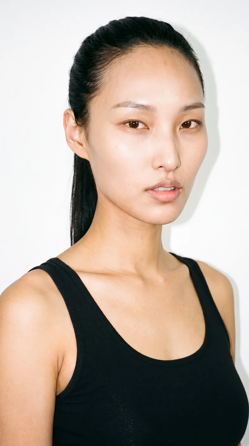 A 27-year-old Korean woman with light-tan skin and a cool undertone has an angular face defined by sharp cheekbones and a clear jawline. She has thin eyebrows, brown eyes, and full lips. Her deep black hair is pulled into a high ponytail on the crown of her head.