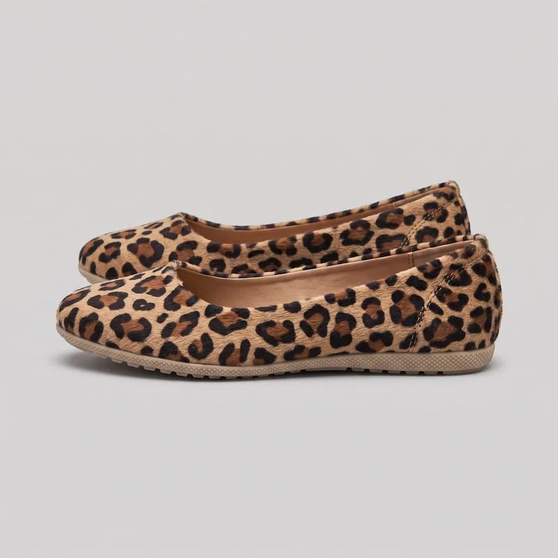 A pair of women's leopard-print ballet flats is shown as a standalone product, with one shoe in side profile and the second positioned behind it. The flats have rounded closed toes, low-cut openings, piping around the toplines, heel seams, and textured outsole edges with small tread lugs.