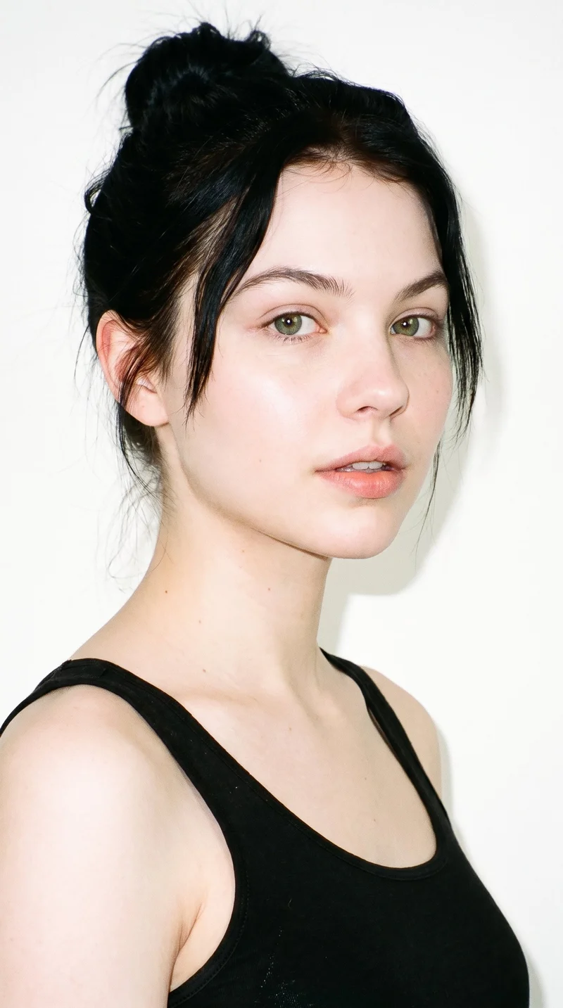 A 19-year-old Caucasian woman with porcelain skin and a cool undertone has a round face with soft, full contours and few angles. She has thick eyebrows, green eyes, and full lips. Her deep black hair is gathered into a loose, messy bun with softly undone strands.