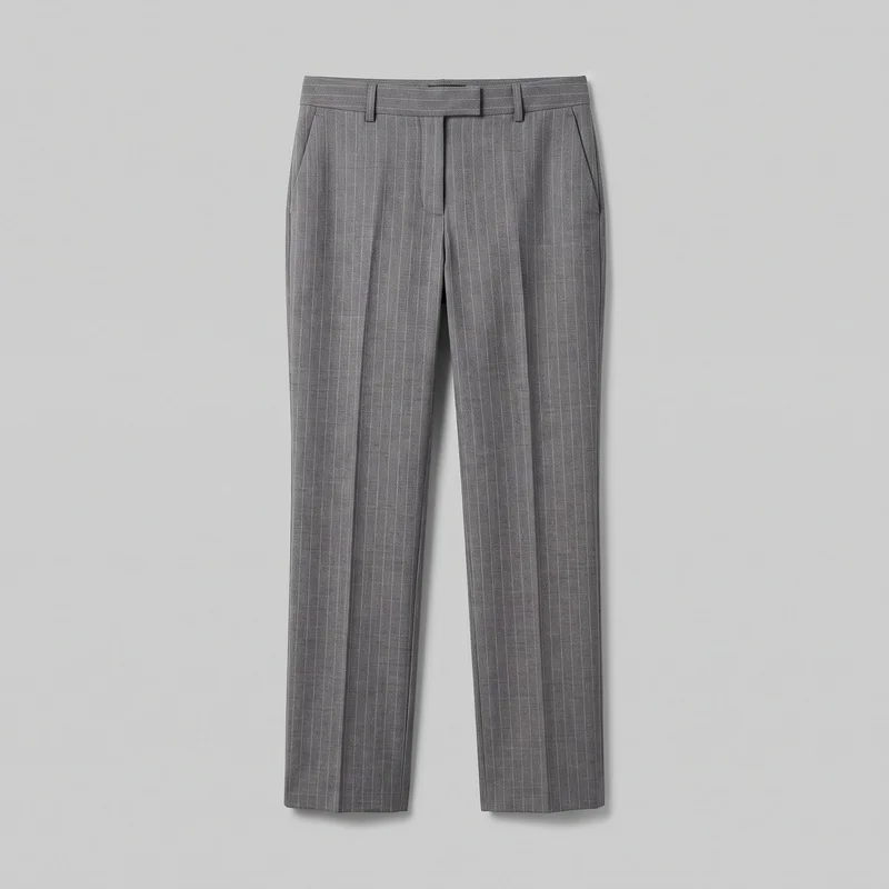 Women's grey pinstripe suit trousers shown in a front standalone product view. The full-length tailored trousers have a structured waistband with belt loops, an extended tab at the centered front fly, front pleats, slanted side pockets, pressed center creases, straight hems, and a fine vertical pinstripe pattern.