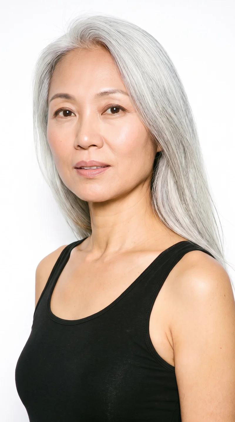 This 54-year-old Chinese woman has lightly tanned fair skin with a warm yellow undertone. Her face is round, with soft, full contours, gentle curves, and few angles. She has medium-thickness eyebrows, very dark near-black eyes, and medium-sized lips. Her long silver-grey hair is worn loose past the shoulders with natural volume.