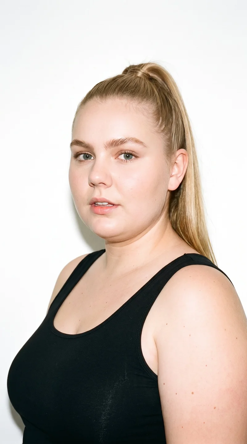 A 21-year-old Caucasian woman has fair skin with a peach undertone and a round face defined by soft, full contours and few angles. She has thick eyebrows, brown eyes, and thin lips. Her warm honey-blonde hair is pulled into a ponytail high on the crown.