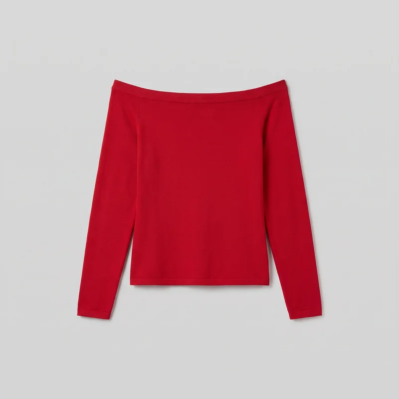 A red women's off-the-shoulder knit top is shown in a single flat-lay view with most of its outline visible. It has a wide folded neckline, a slim straight body, long narrow sleeves, a straight bottom hem, and narrow sleeve hems, with no visible closures, pockets, logos, prints, or embellishments.