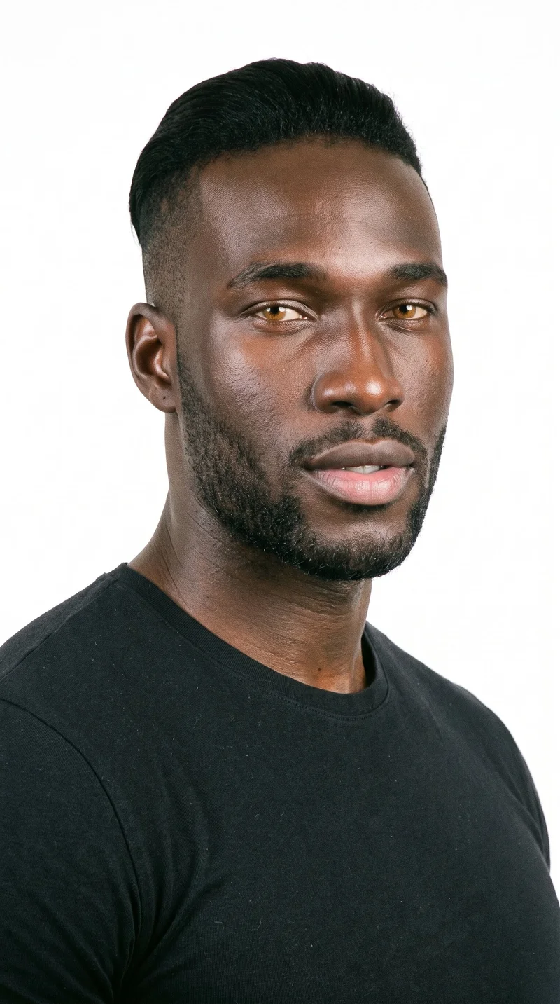 A 25-year-old African man with very dark deep-brown to black skin and a warm golden undertone. His long face is more elongated than wide, with a tall forehead and elongated cheeks. He has thick eyebrows, amber eyes with a golden tone, and full lips. His black hair is styled in an undercut, with longer hair on top and markedly shorter sides and back. Short, even three-day beard growth adds closely groomed facial hair texture.