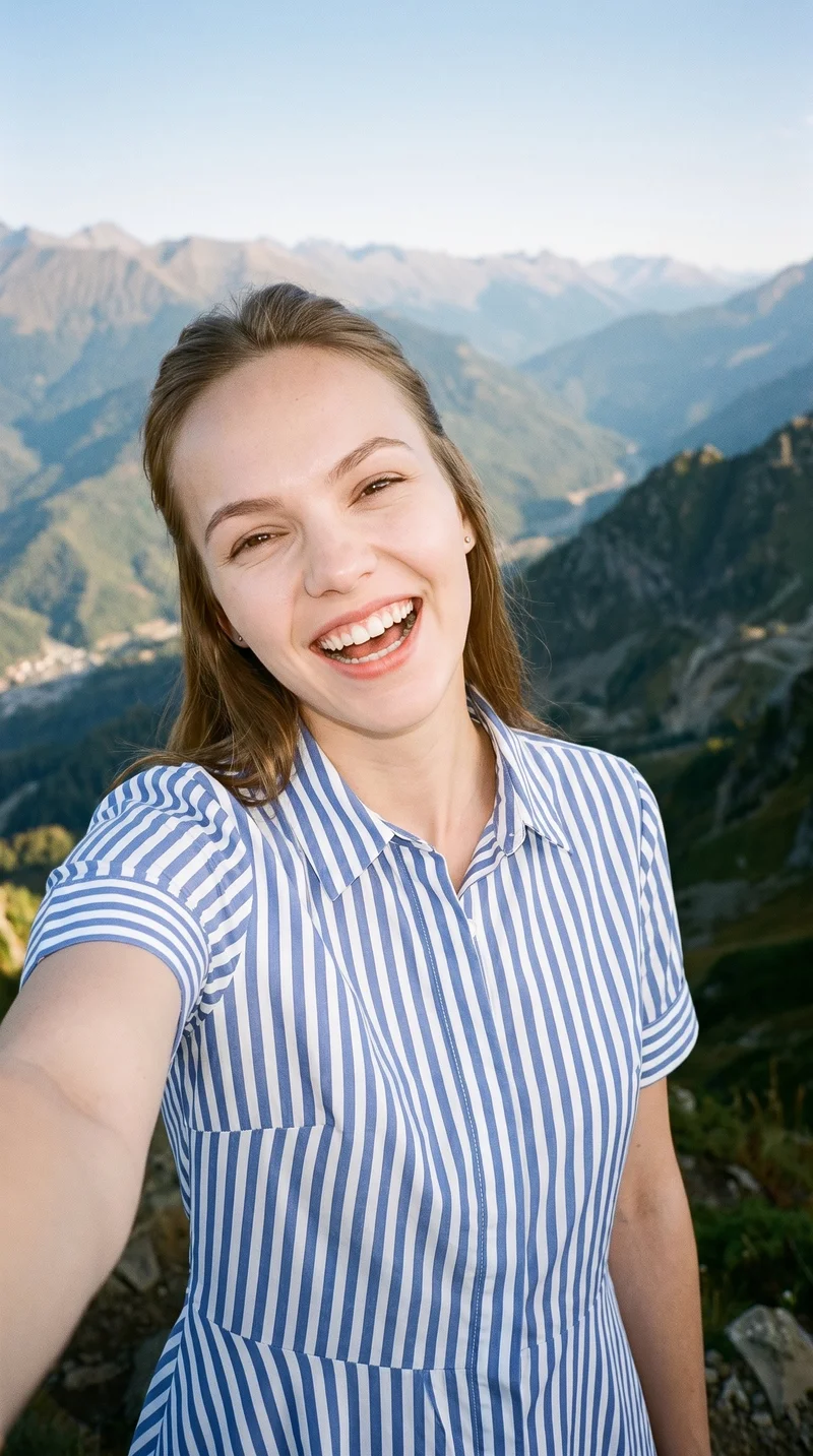 A 23-year-old Caucasian woman wears a striped shirt dress in a front-view selfie. Her head is tilted and she is laughing, with a mountain overlook backdrop.