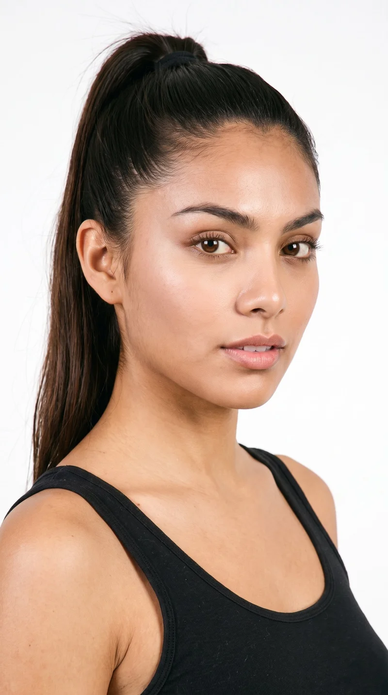 A 20-year-old Hispanic woman with medium skin and a warm golden undertone has an oval face with balanced proportions and a softly rounded jaw. Her medium-thickness eyebrows frame very dark, near-black eyes, and she has full lips. Her dark-brown hair is pulled into a high ponytail on the crown.