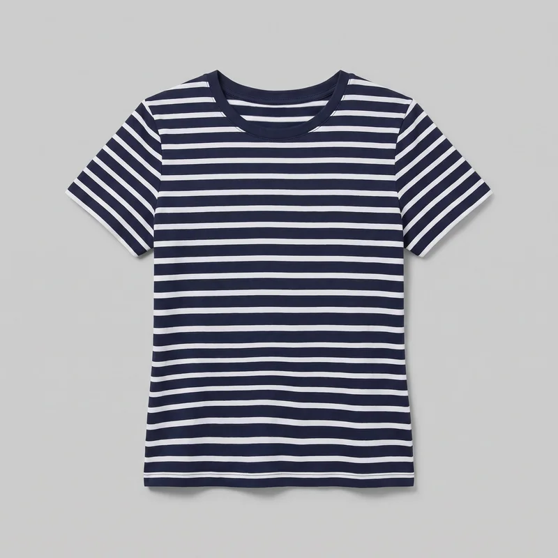 A complete standalone view of a women's short-sleeve cotton T-shirt with an all-over horizontal stripe pattern. It has a rounded bound crew neckline with visible stitching, set-in sleeves, stitched folded sleeve hems, and a straight bottom hem on a regular straight silhouette.