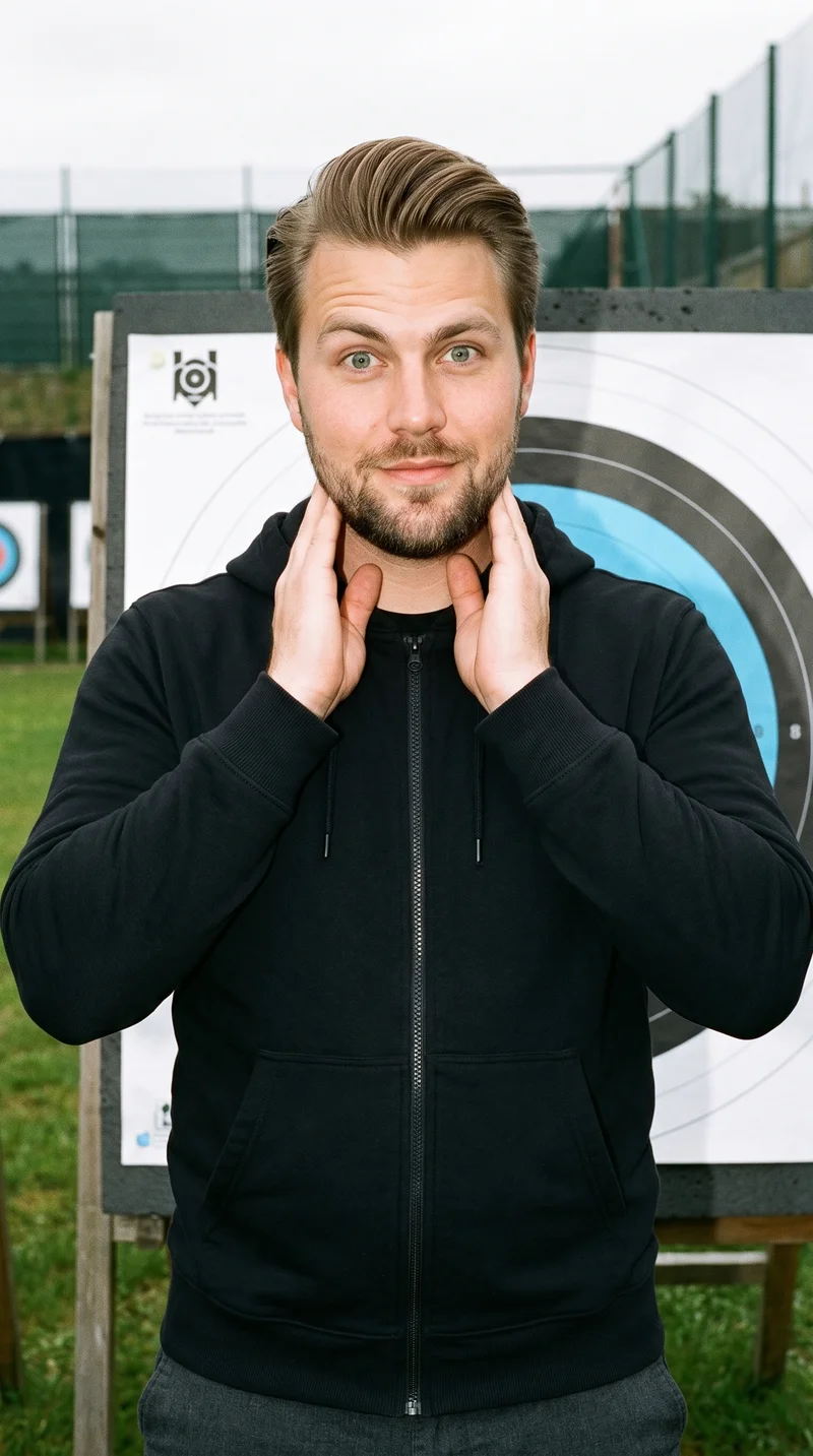 A 29-year-old Caucasian man wears a black zip-up hoodie in an upper-body front view, with his hands on his neck and a curious expression. An archery range forms the backdrop.
