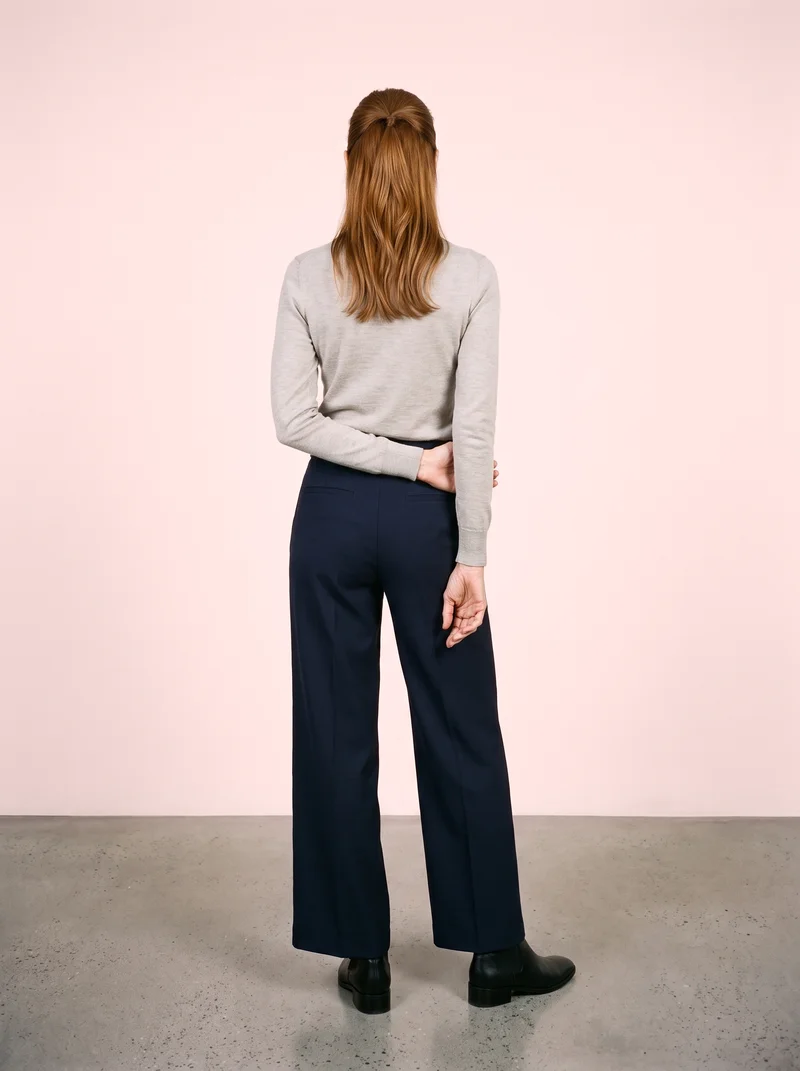Navy Tailored Wide-Leg Trousers, Full body at Back, Natural E-Commerce lighting