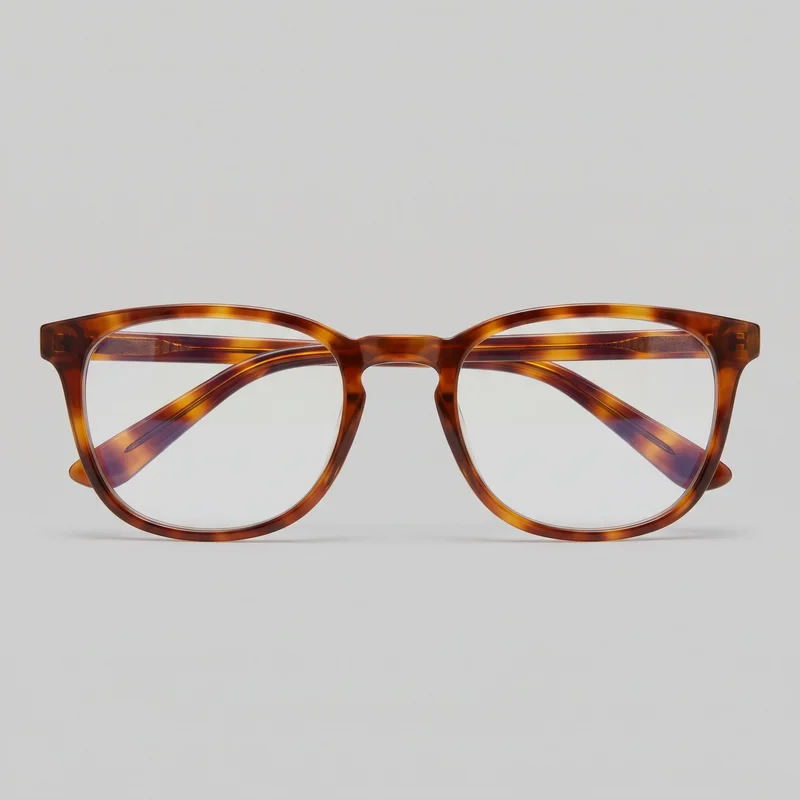 A complete pair of tortoiseshell blue-light optical eyeglasses is shown from the front. The glasses have full-rim rounded-square frames, softly curved lower rims, a gently arched brow line, and a molded bridge with a keyhole-like nose opening. The temples are folded inward behind the clear lenses, with squared hinge blocks and tapered curved tips visible.