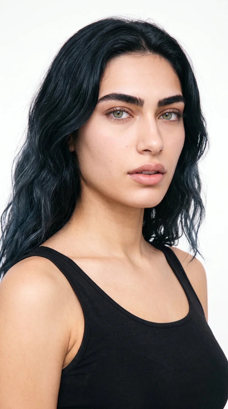 This 18-year-old Turkish woman has a medium skin tone with a neutral undertone and an oval face with balanced proportions and a softly rounded jaw. She has thick eyebrows, green eyes, and full lips. Her black hair is styled in soft waves with gentle movement.