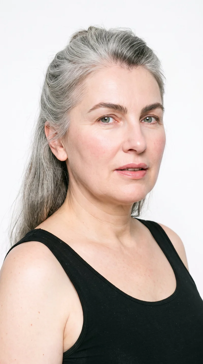 This 54-year-old Slavic woman has pale skin with a neutral undertone and an oval face with balanced proportions and a softly rounded jaw. Her eyebrows are thick, and her eyes are blue with a cool undertone. She has thin lips and gray hair styled half up and half down, with the upper section pulled back and the lower lengths hanging loose.