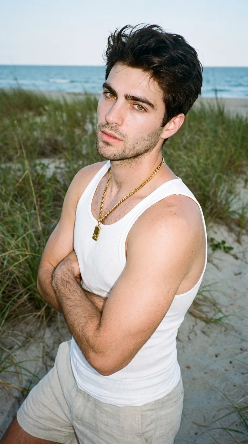 A 24-year-old Caucasian man is shown from the upper body at an angled front view with his arms crossed and a neutral expression, wearing a gold pendant necklace. A Martha's Vineyard beach backdrop is visible behind him.
