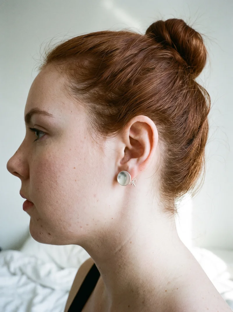Women's Silver Stud Earrings, Ear at Side, Natural E-Commerce lighting