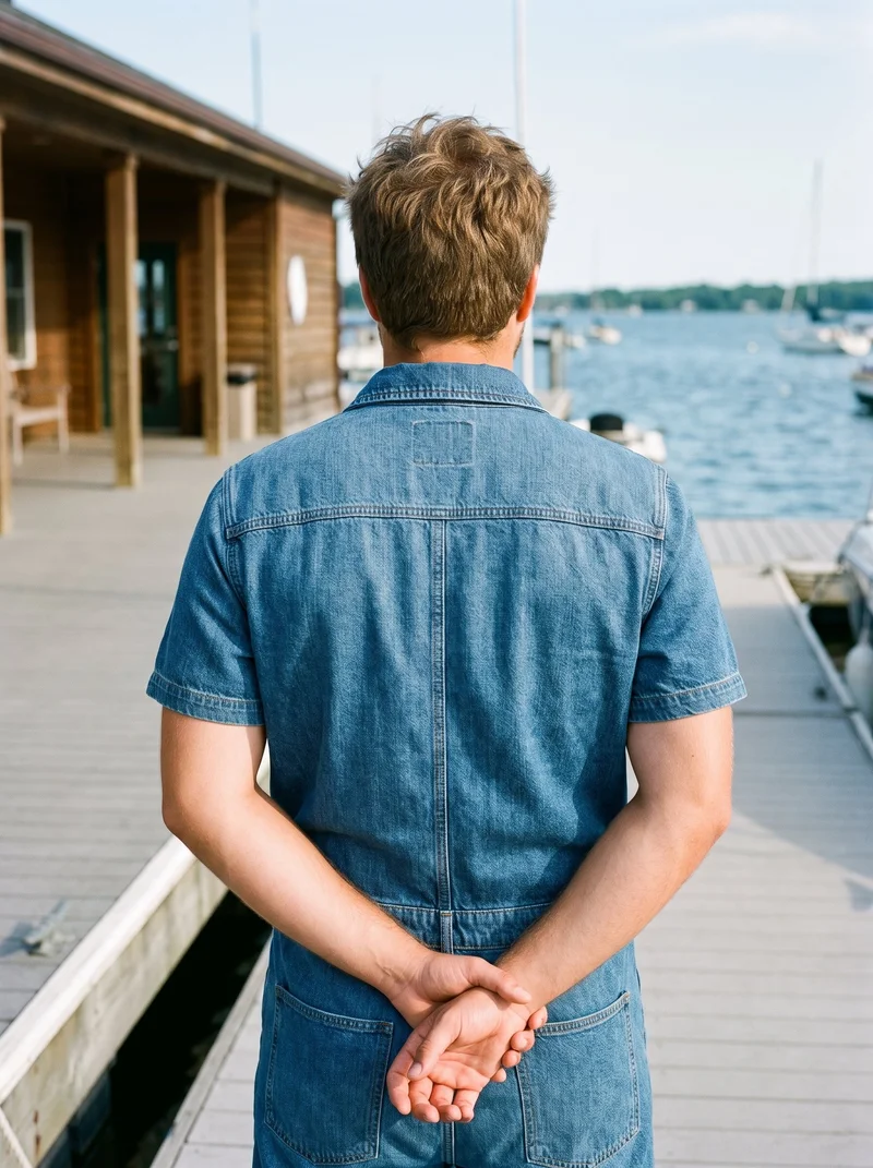 An 18-year-old Caucasian male model is shown from the rear in an upper-body view, wearing a men's denim boilersuit with his hands behind his back. A yacht club backdrop is visible.