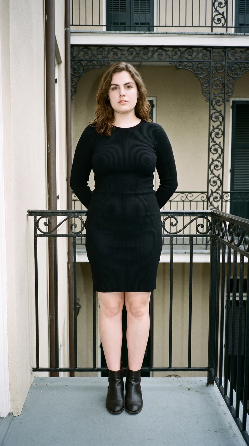 A 29-year-old Caucasian woman is shown full body from the front wearing a black ribbed sweater dress. She stands with her hands behind her back and a serious expression, against a New Orleans balcony backdrop.