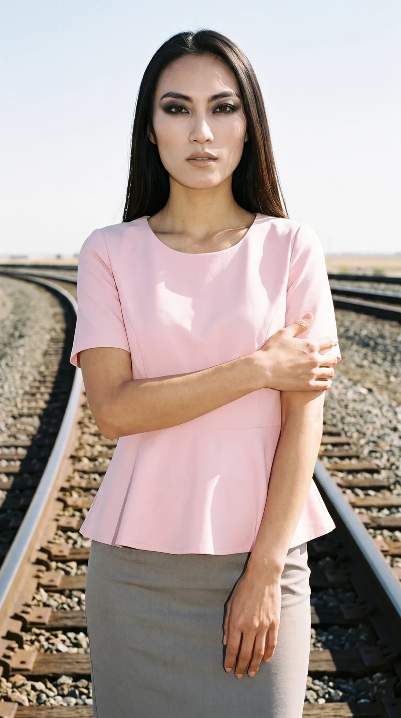 A 34-year-old Chinese woman wears a blush pink peplum top in a three-quarter-length front view. She is shown holding one arm with a natural expression, with train tracks forming the backdrop.