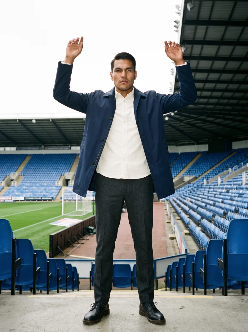 A 34-year-old Indigenous American man wears a men's navy waterproof raincoat in a full-body front view, standing with his arms overhead and a neutral expression. Stadium seating forms the backdrop.