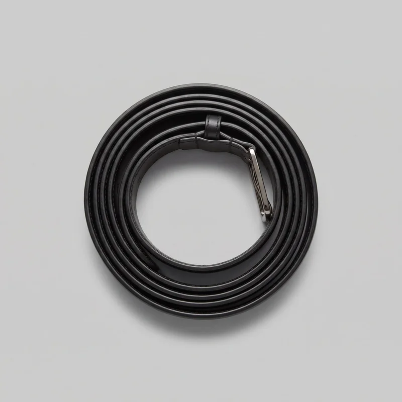 A separate narrow black dress belt is shown coiled into a compact spiral as a standalone product. Its smooth, flat strap has rounded finished edges and a stitched keeper loop near the fastening end, while the polished frame buckle and prong hardware are partly obscured by the coil.