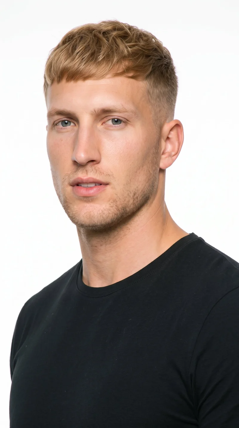 A 26-year-old Caucasian man with a medium, peach-undertoned skin tone has a long face, with more length than width, a tall forehead, and elongated cheeks. He has thick eyebrows, cool clear grey eyes, and medium lips. His honey-blonde hair is styled in a French crop with short sides and a short, blunt fringe. Very short facial-hair growth creates a faint, even shadow across the beard area.