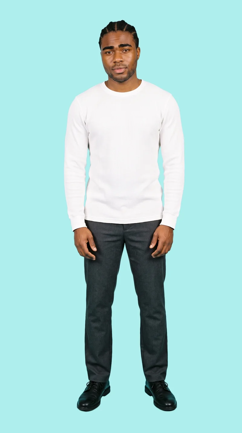 Men's White Base-Layer Thermal Top, Full body at Front, Studio Cutout lighting