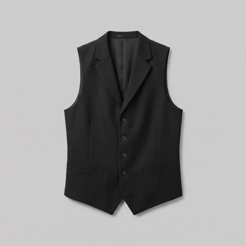A complete front-facing view of a black tailored sleeveless waistcoat. It has a structured, body-skimming silhouette, a deep V opening with notched lapels, a four-button single-breasted closure, shaped vertical seams, two lower welt pockets with horizontal flaps, and pointed front hem tabs with a center split.