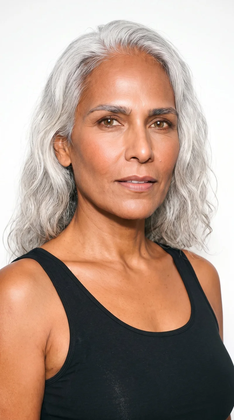 A 53-year-old Hispanic woman with brown copper-toned skin and a warm golden undertone. Her square face has a broad forehead and a strong, defined jaw, giving it an angular, structured appearance. She has thick eyebrows, hazel eyes with green-gold flecks, and thin lips. Her silver-grey hair has a cool shine and falls in soft, natural waves.
