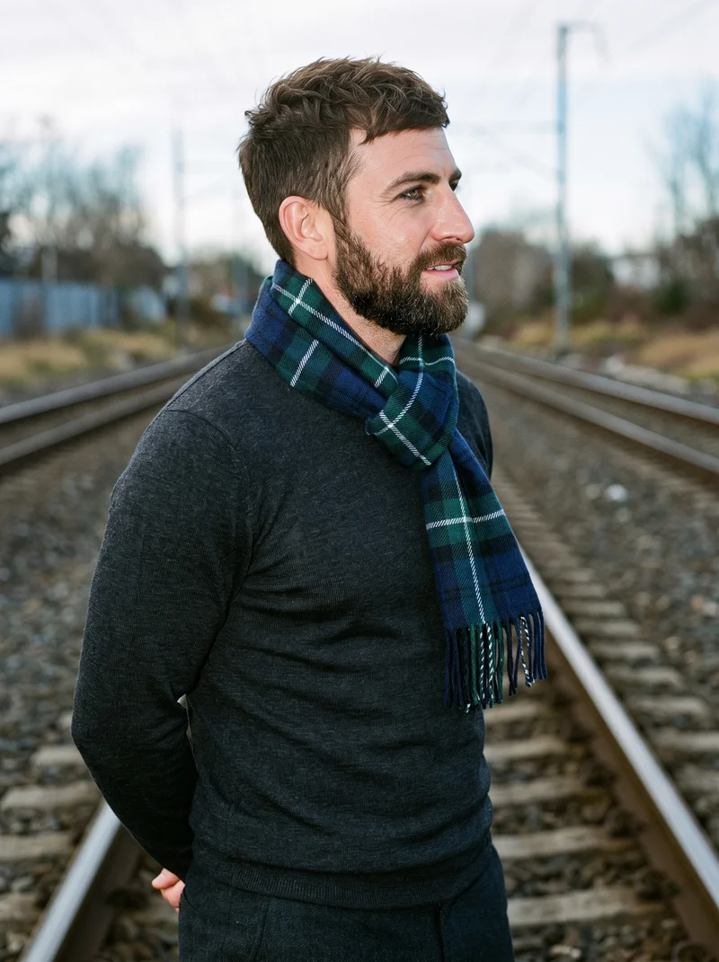 Men's Navy Checked Wool Scarf, Upper body at Side, Natural E-Commerce lighting