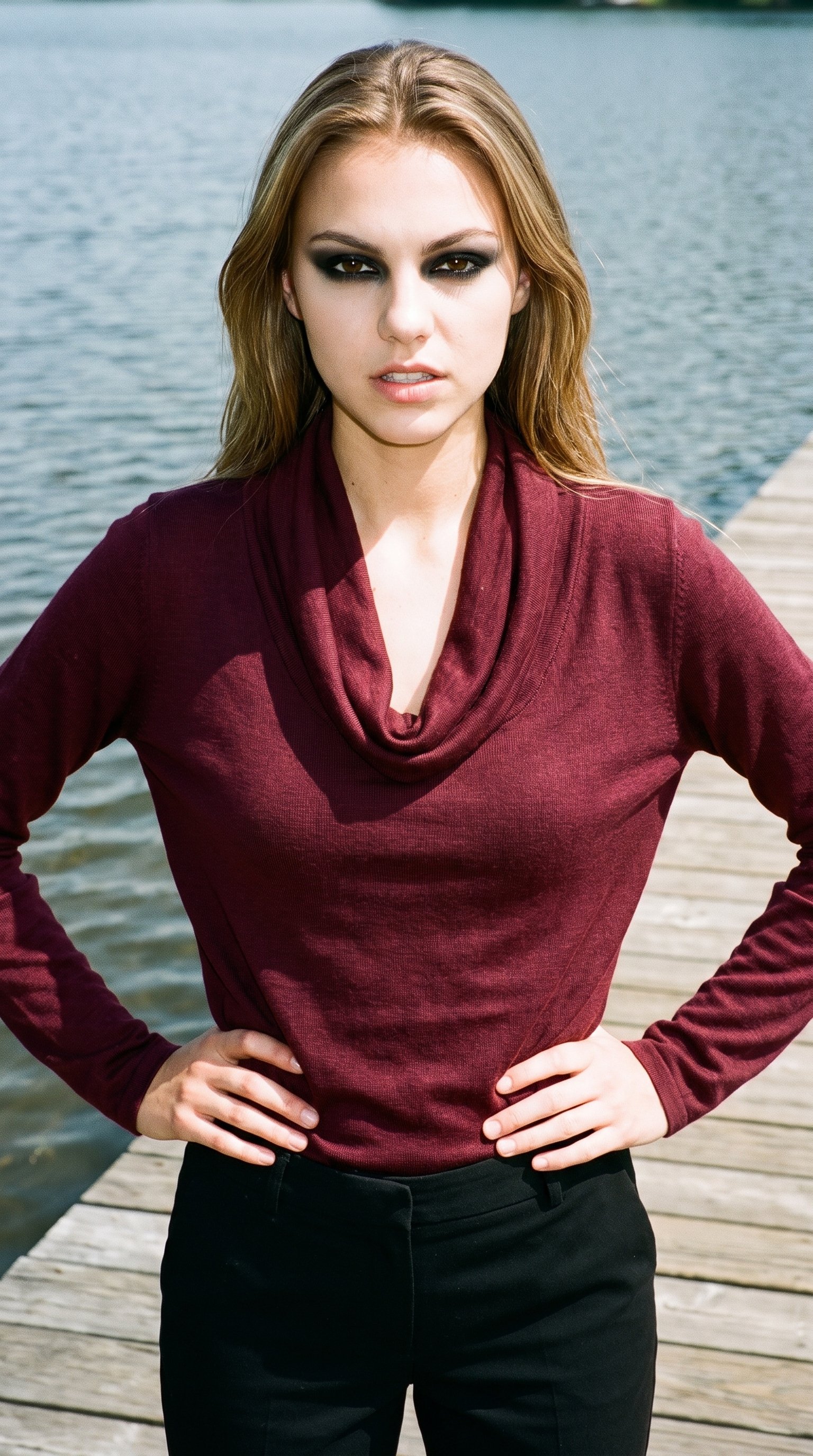 A 19-year-old Caucasian woman wears a burgundy cowl-neck top in an upper-body, front-facing view, standing with her hands on her hips and an intense expression. A lakeside dock forms the backdrop.