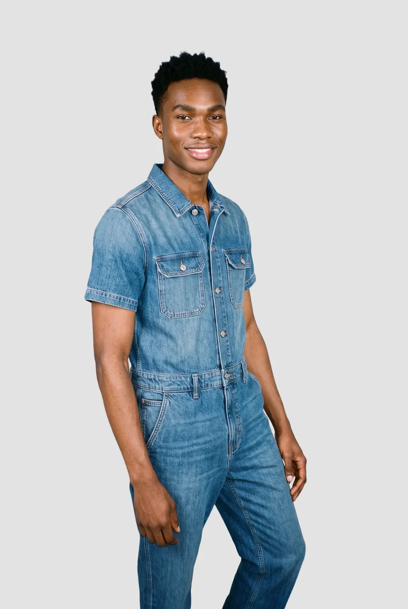 Men's Denim Boilersuit, Three-quarter length at Three-quarter, Studio Cutout lighting