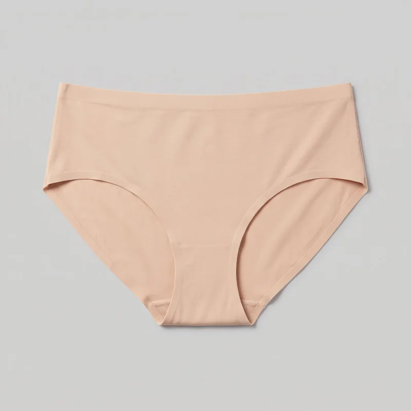 Nude seamless hipster brief underwear shown flat in a mostly complete front view. The design has a broad straight waistband, moderate curved leg openings, smooth unadorned panels, subtle side seams, and a centered crotch gusset area with clean folded or bonded edges.